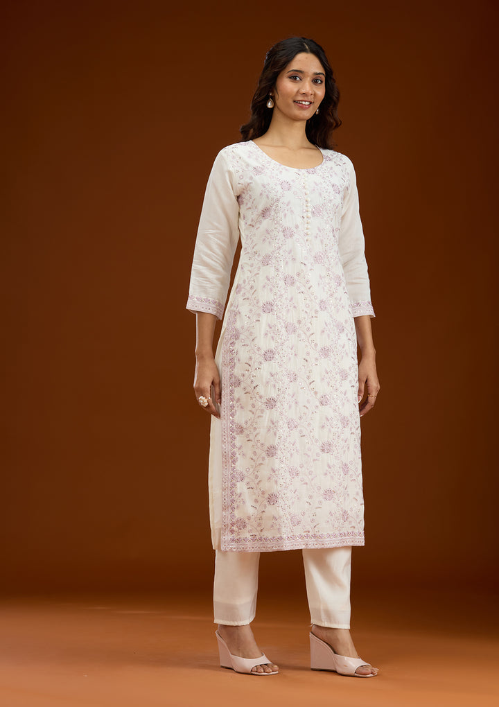 Cream Threadwork Semi Crepe Readymade Salwar Suit