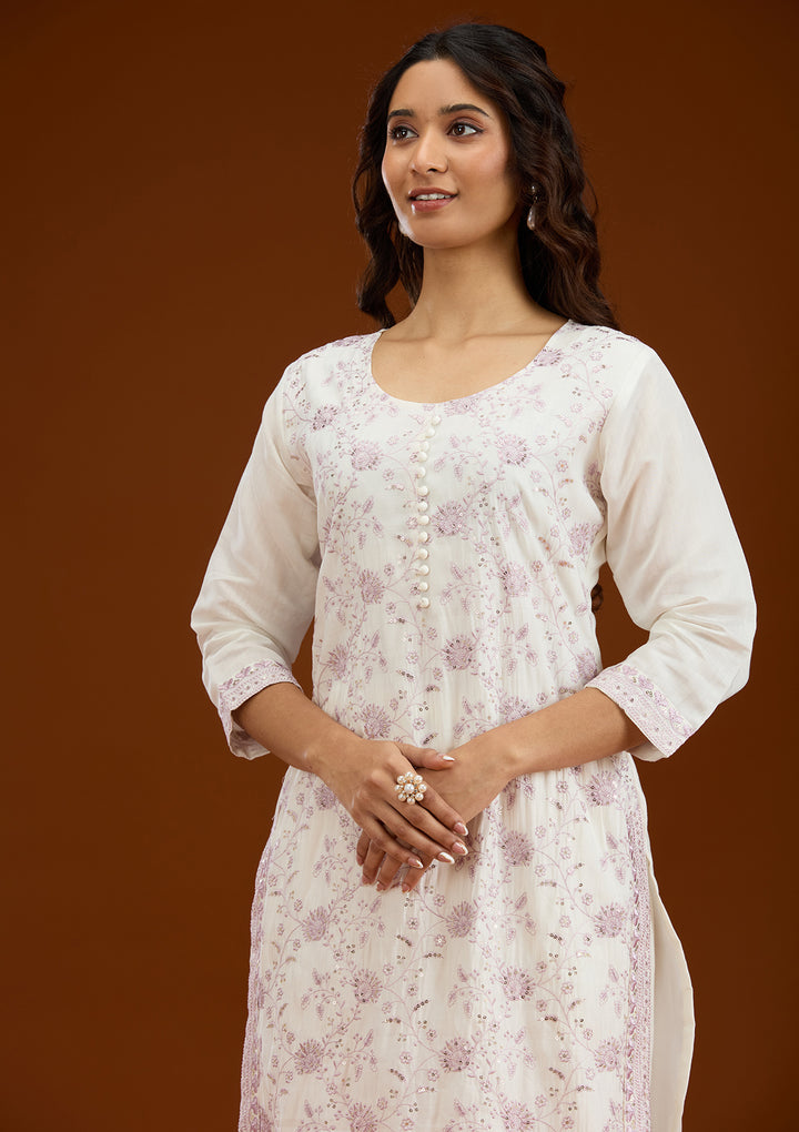 Cream Threadwork Semi Crepe Readymade Salwar Suit