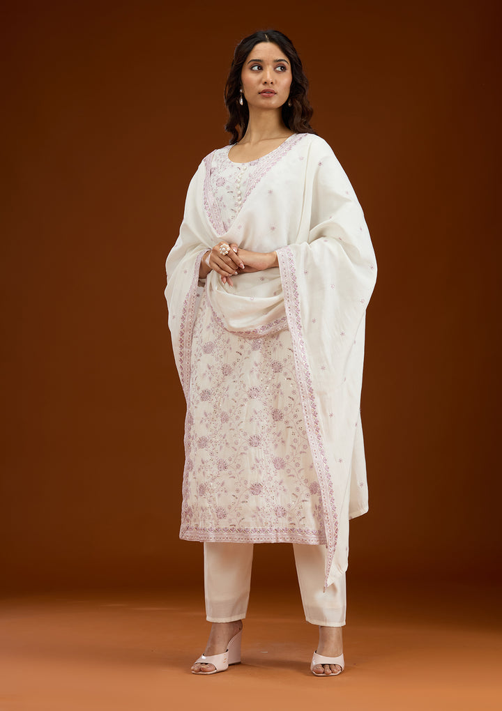 Cream Threadwork Semi Crepe Readymade Salwar Suit