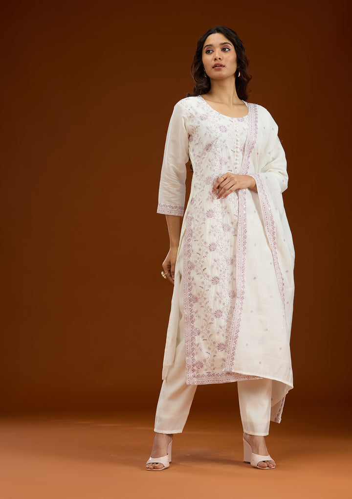 Cream Threadwork Semi Crepe Readymade Salwar Suit