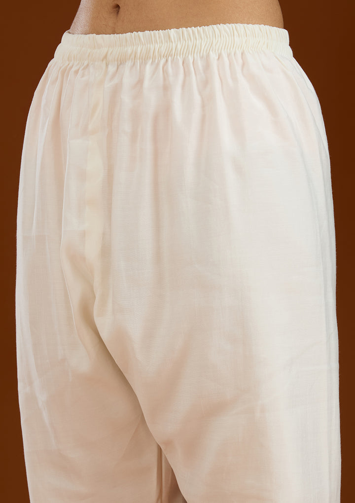 Cream Threadwork Semi Crepe Readymade Salwar Suit