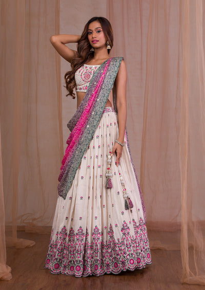 Cream Threadwork Semi Crepe Readymade Lehenga-Koskii