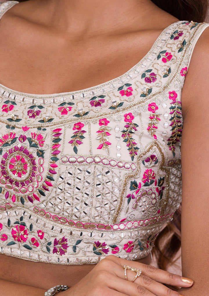 Cream Threadwork Semi Crepe Readymade Lehenga