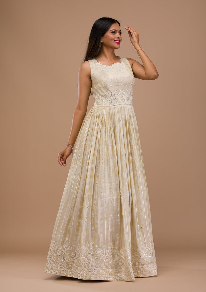 Cream Threadwork Semi Crepe Readymade Anarkali Suit