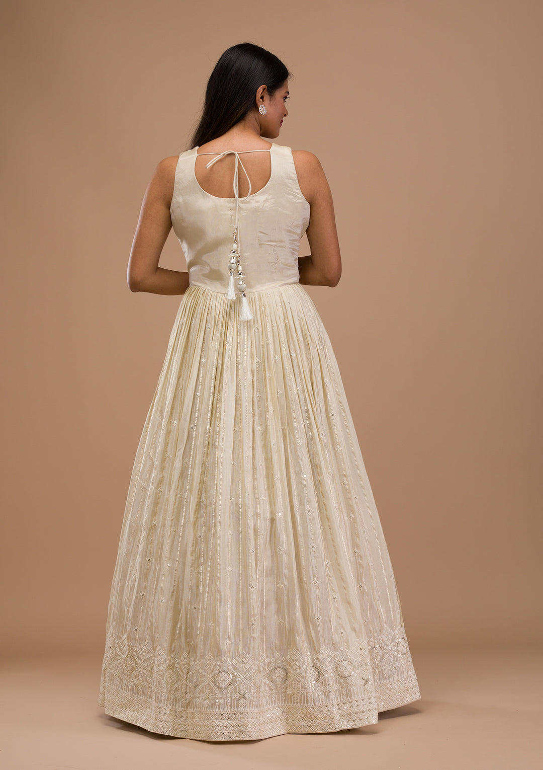 Cream Threadwork Semi Crepe Readymade Anarkali Suit