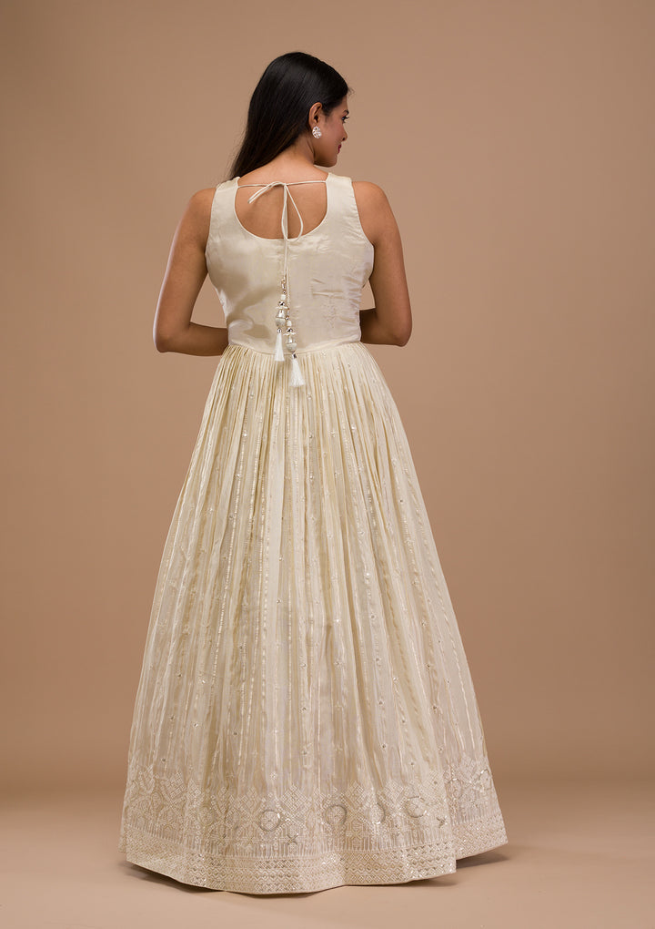 Cream Threadwork Semi Crepe Readymade Anarkali Suit