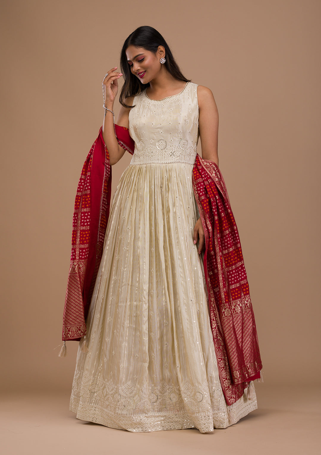 Cream Threadwork Semi Crepe Readymade Anarkali Suit