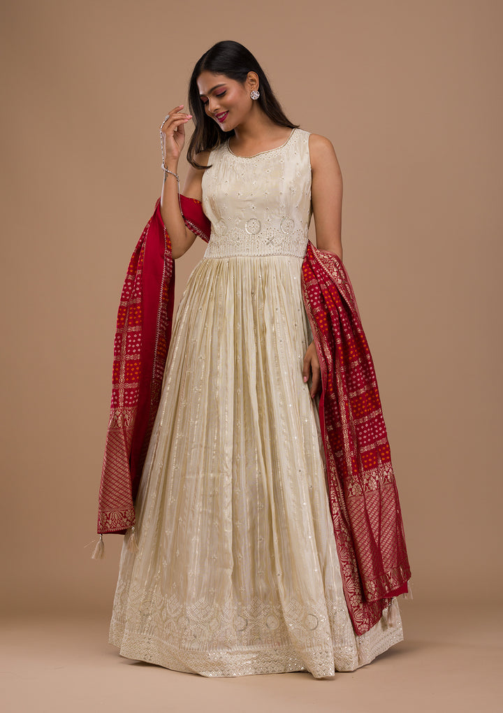 Cream Threadwork Semi Crepe Readymade Anarkali Suit