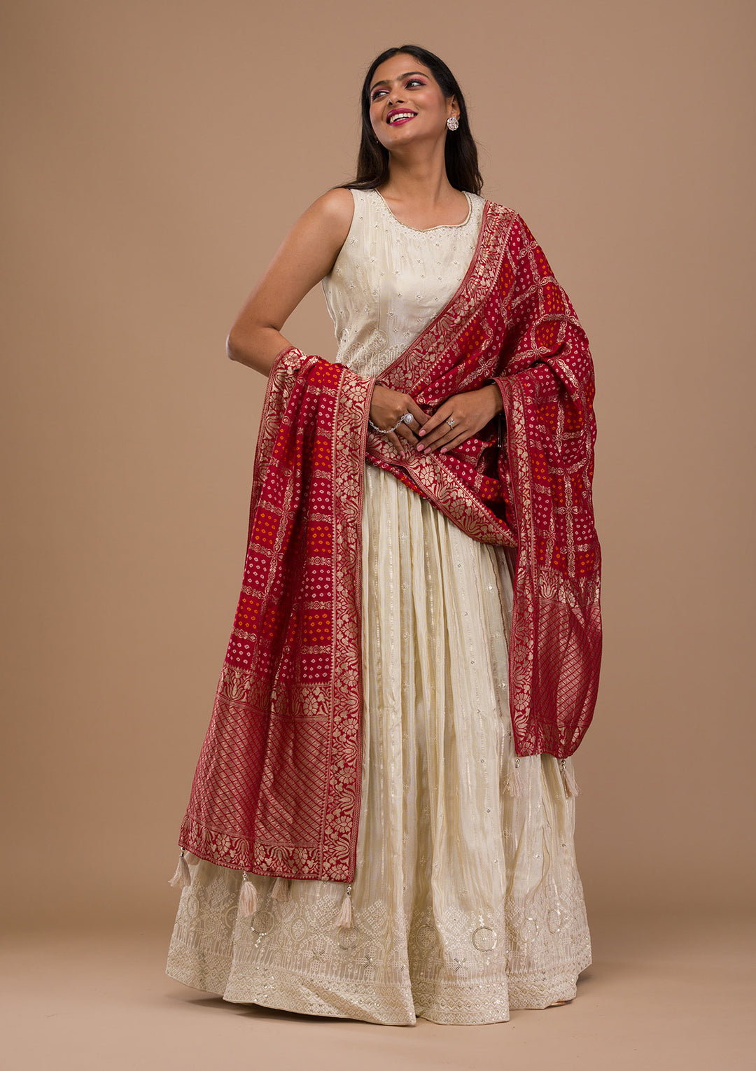 Cream Threadwork Semi Crepe Readymade Anarkali Suit