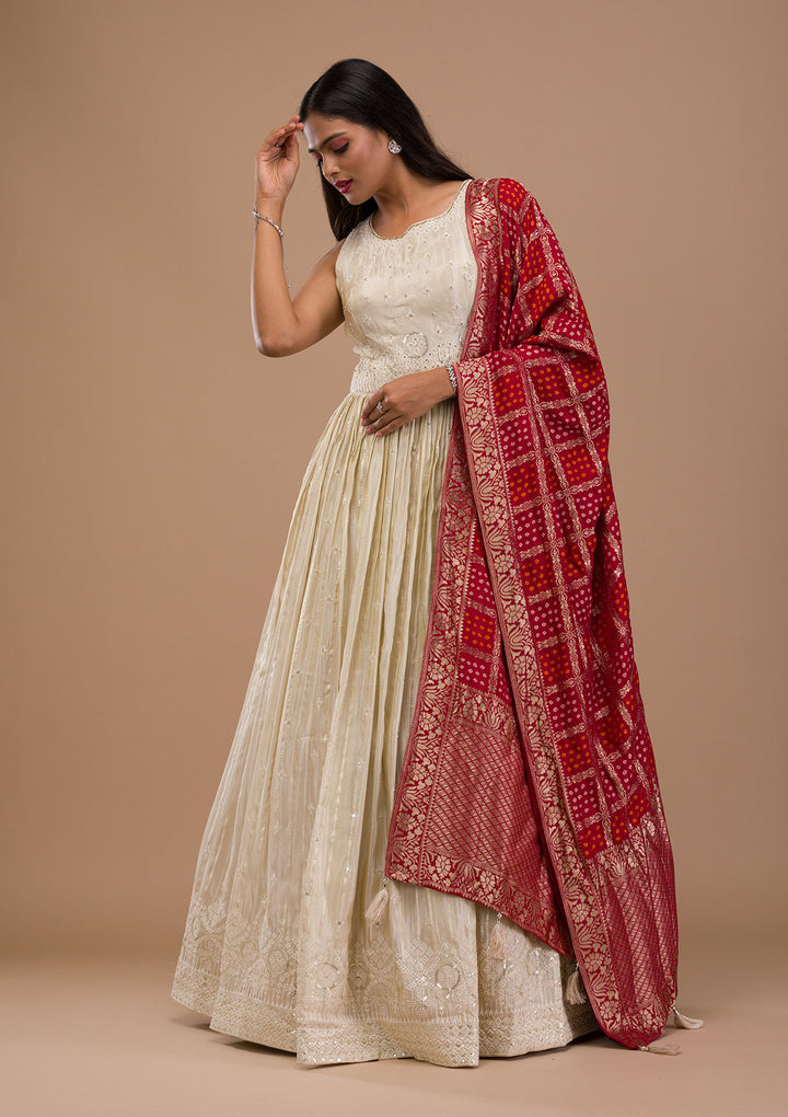 Cream Threadwork Semi Crepe Readymade Anarkali Suit