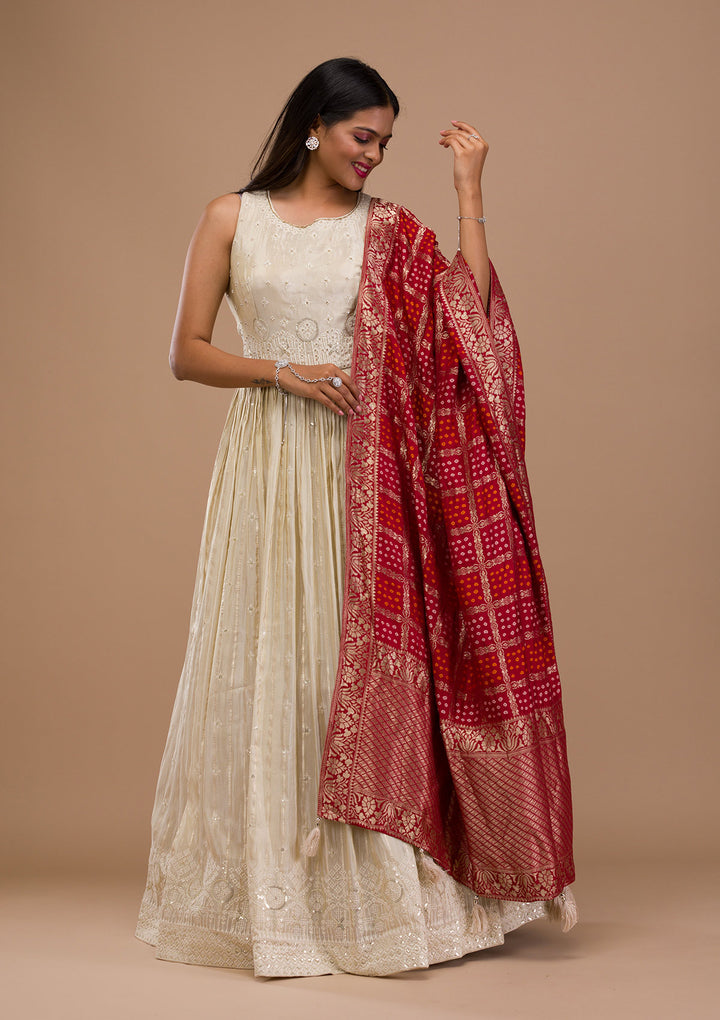 Cream Threadwork Semi Crepe Readymade Anarkali Suit