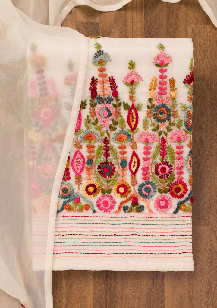 Cream Threadwork Semi Crepe Unstitched Salwar Suit