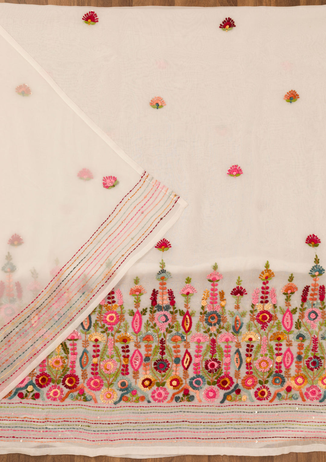 Cream Threadwork Semi Crepe Unstitched Salwar Suit