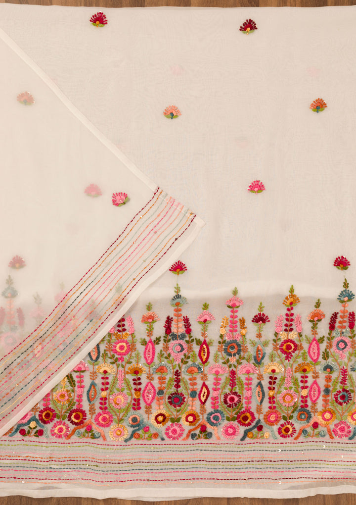 Cream Threadwork Semi Crepe Unstitched Salwar Suit