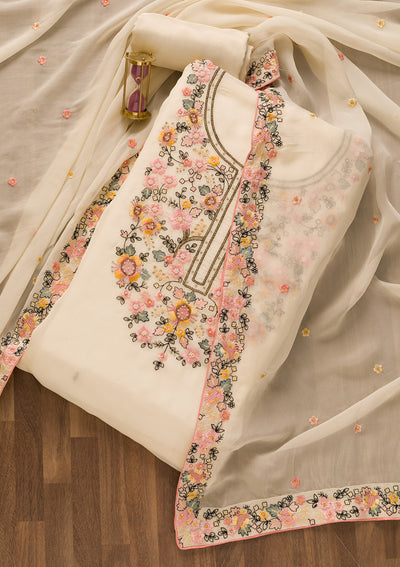 Cream Threadwork Tissue Unstitched Salwar Suit-Koskii