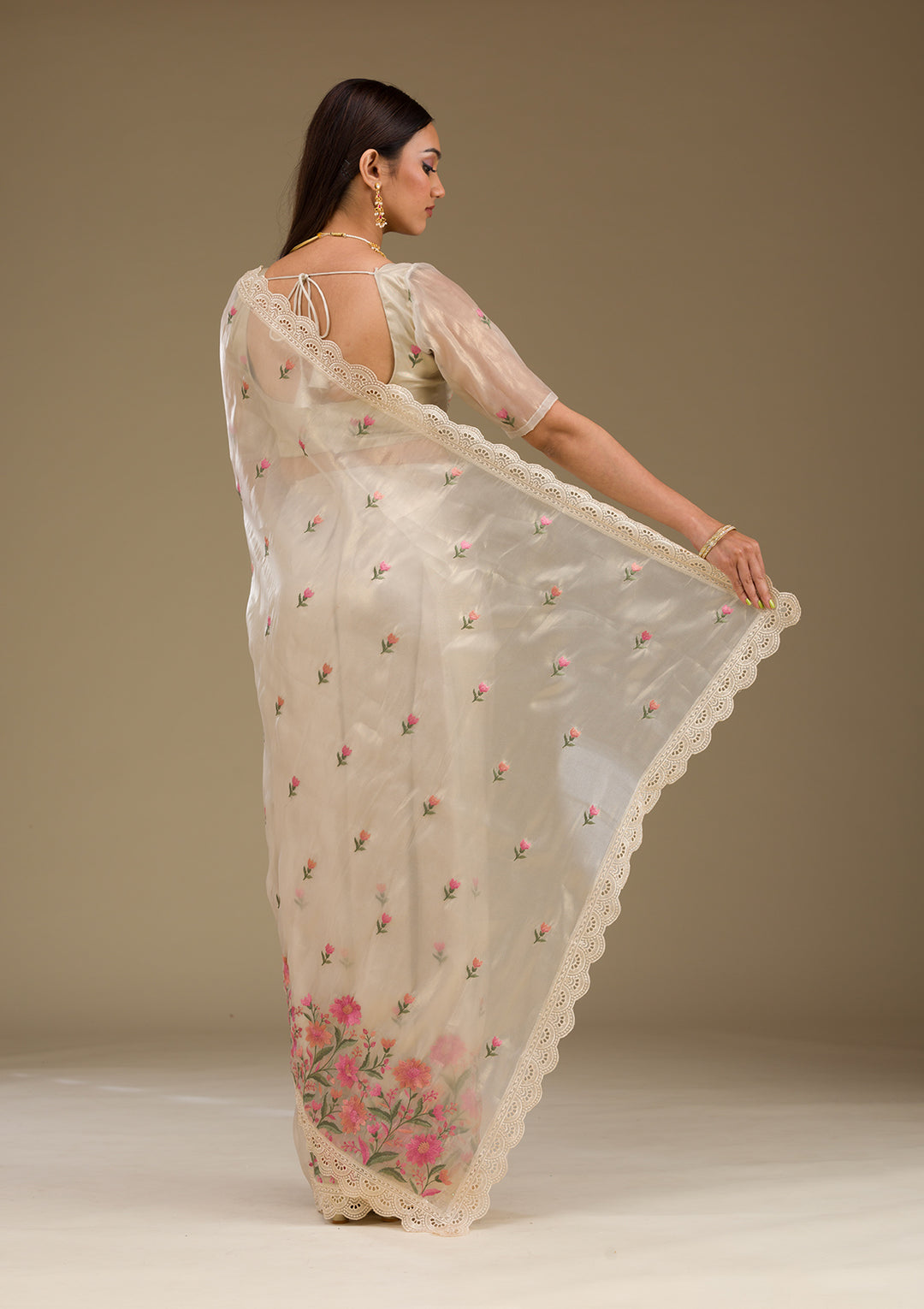Cream Threadwork Tissue Saree