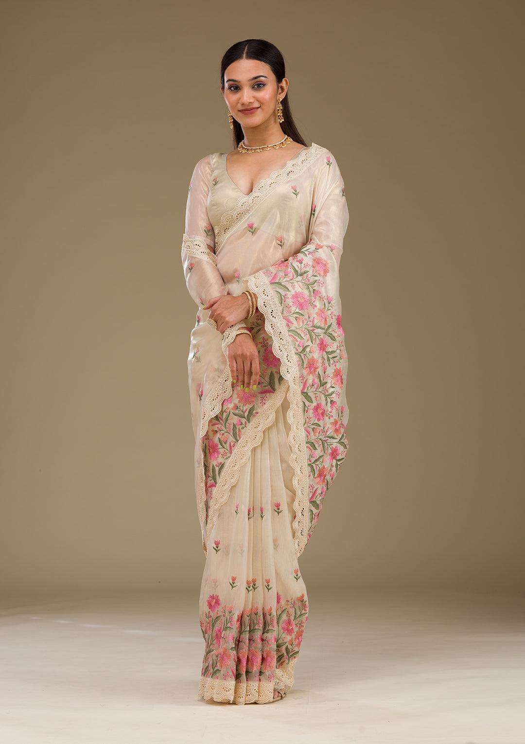 Cream Threadwork Tissue Saree