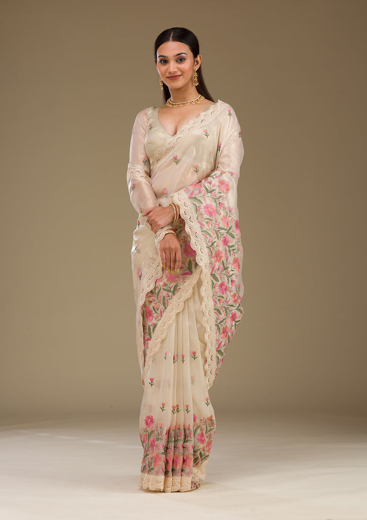 Cream Threadwork Tissue Saree