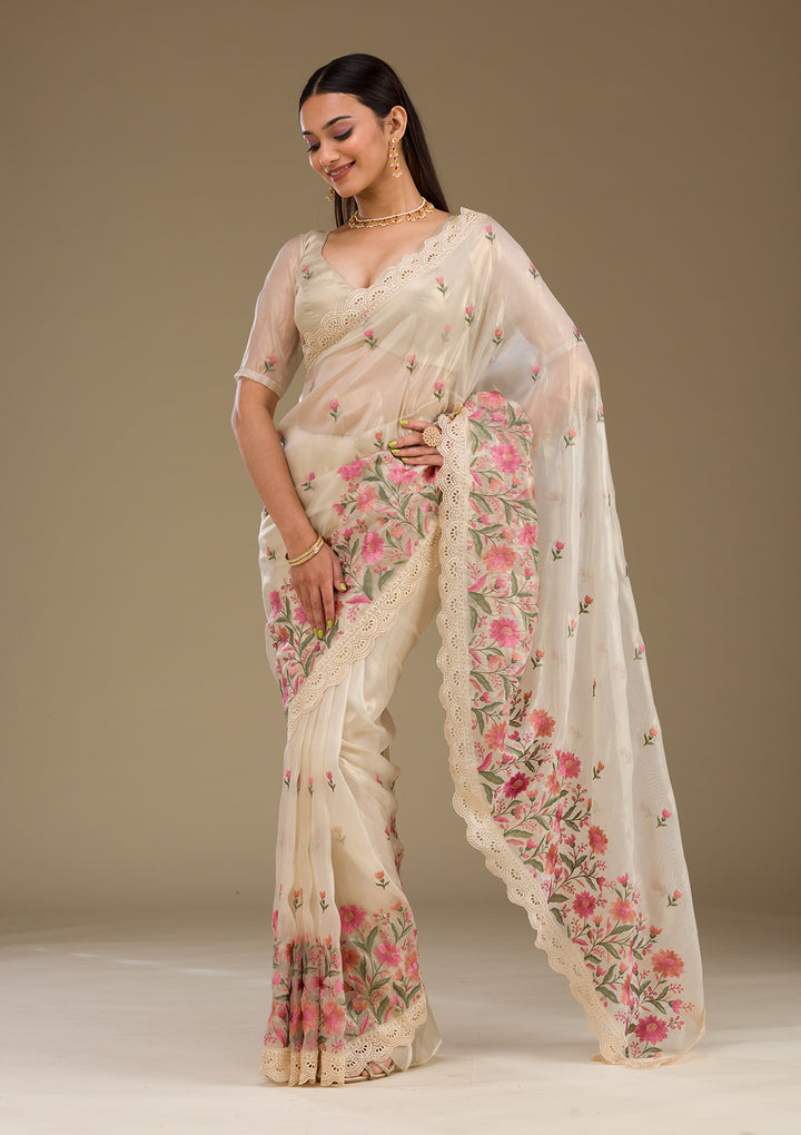 Cream Threadwork Tissue Saree