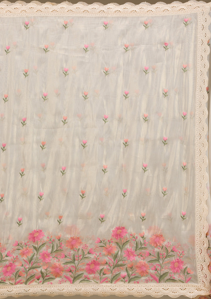 Cream Threadwork Tissue Saree