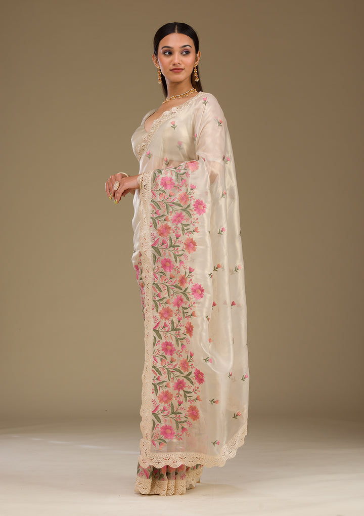 Cream Threadwork Tissue Saree