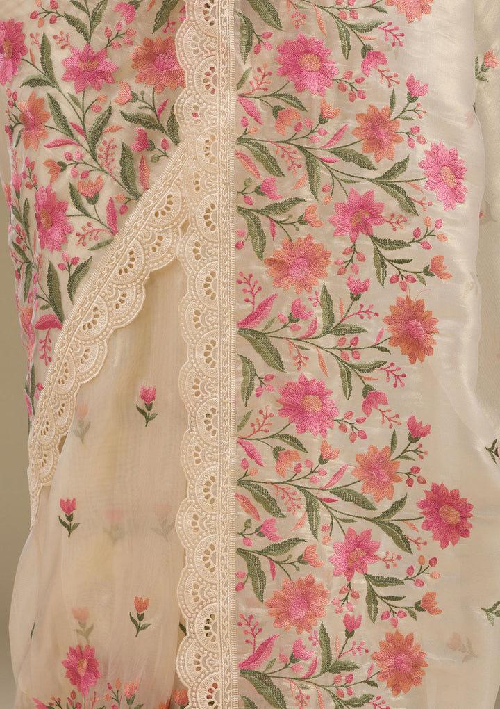 Cream Threadwork Tissue Saree