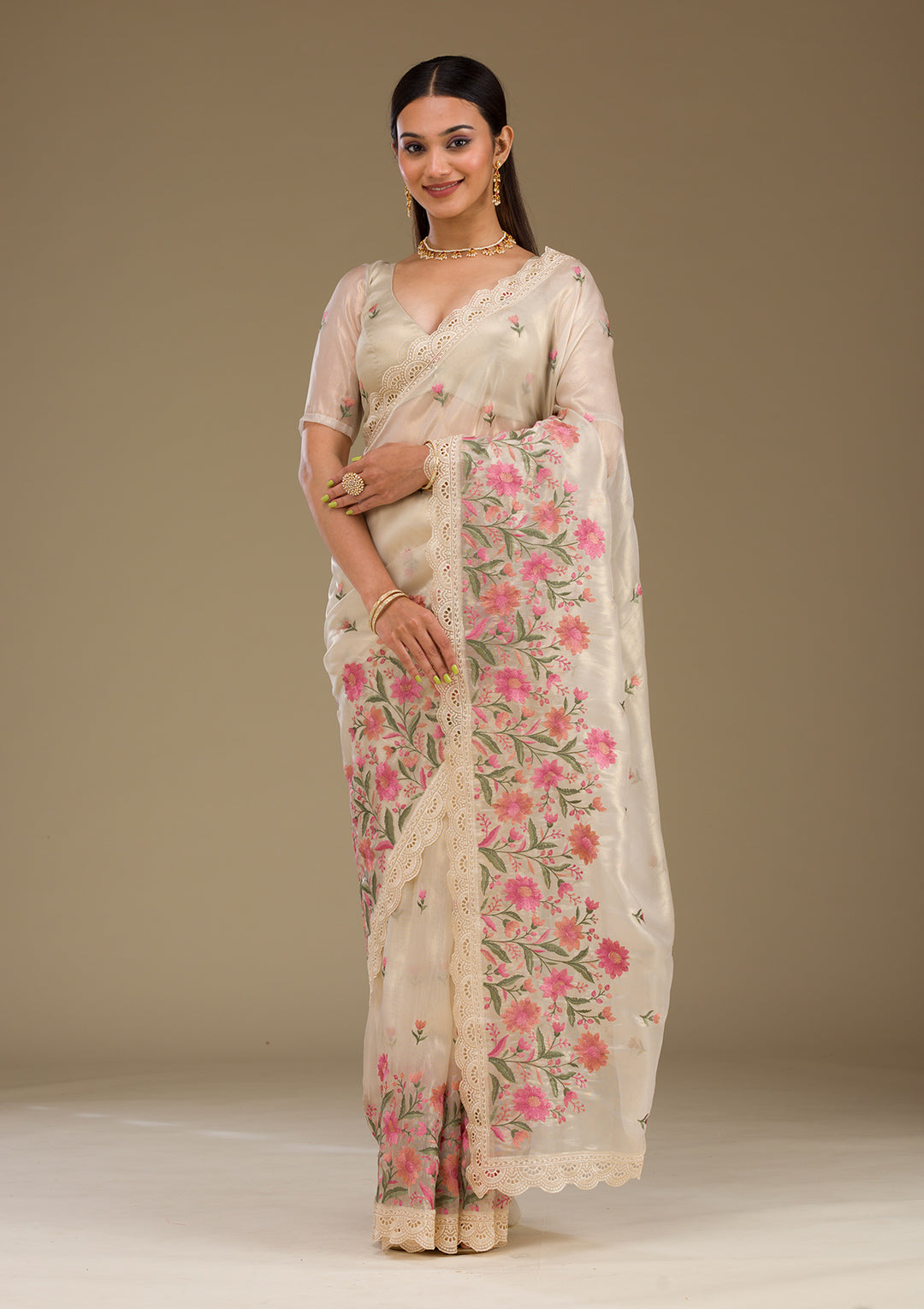 Cream Threadwork Tissue Saree