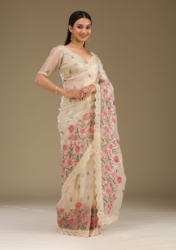Cream Threadwork Tissue Saree