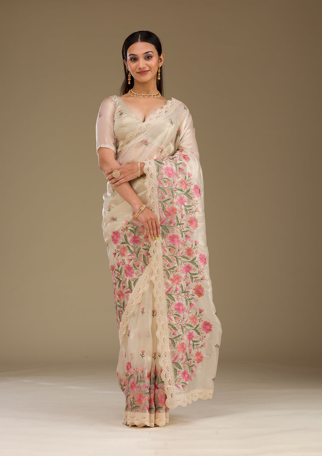 Cream Threadwork Tissue Saree
