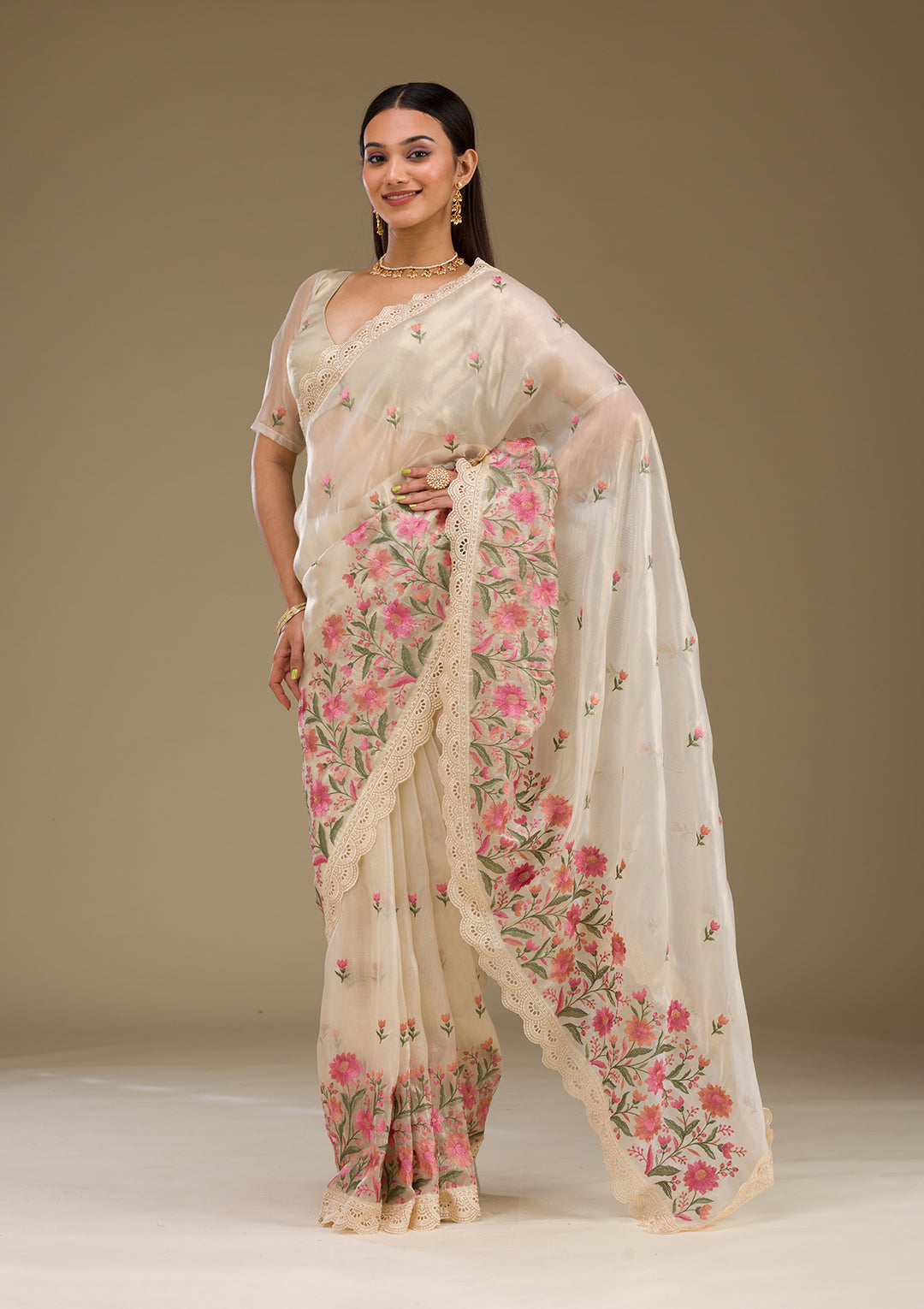 Cream Threadwork Tissue Saree