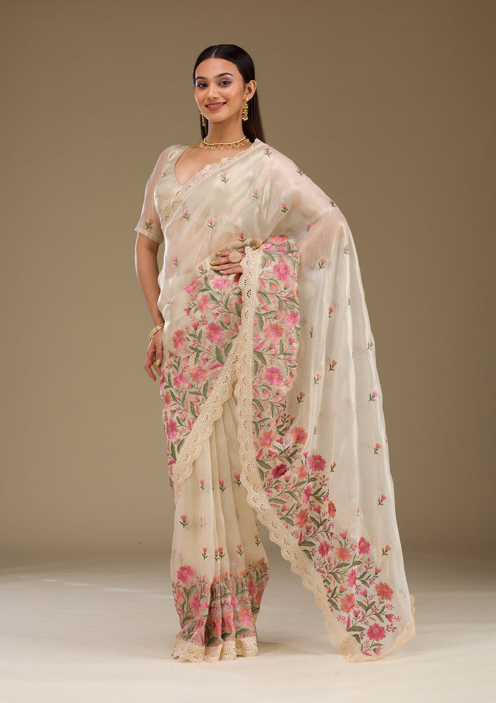 Cream Threadwork Tissue Saree