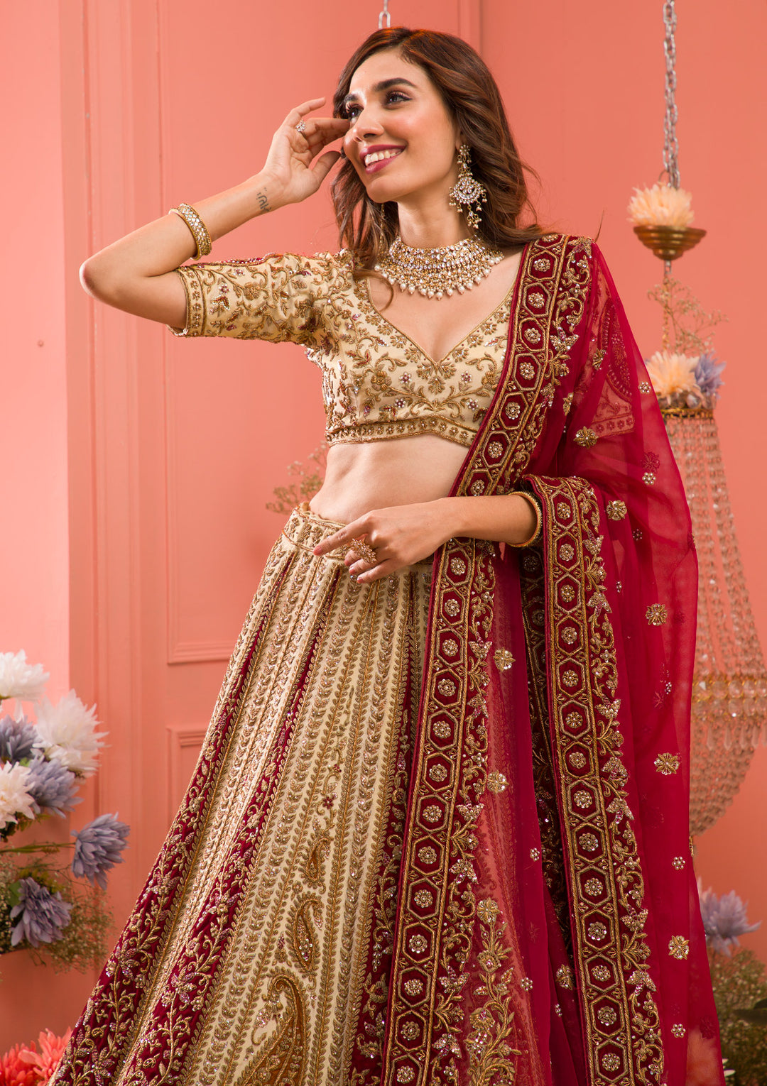 Cream Zardosi Raw Silk Semi Stitched Lehenga
