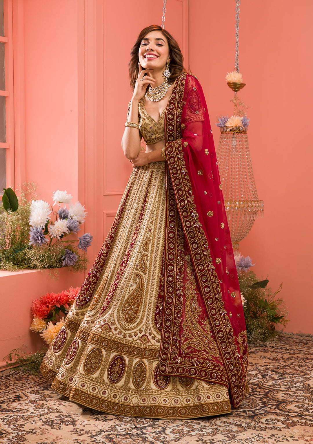 Cream Zardosi Raw Silk Semi Stitched Lehenga