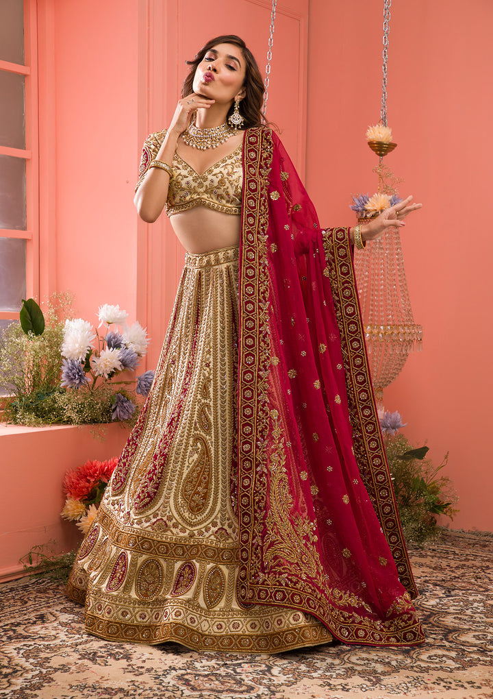 Cream Zardosi Raw Silk Semi Stitched Lehenga