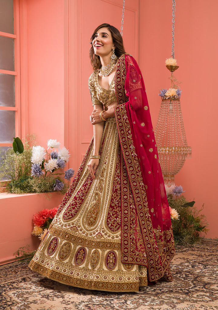 Cream Zardosi Raw Silk Semi Stitched Lehenga