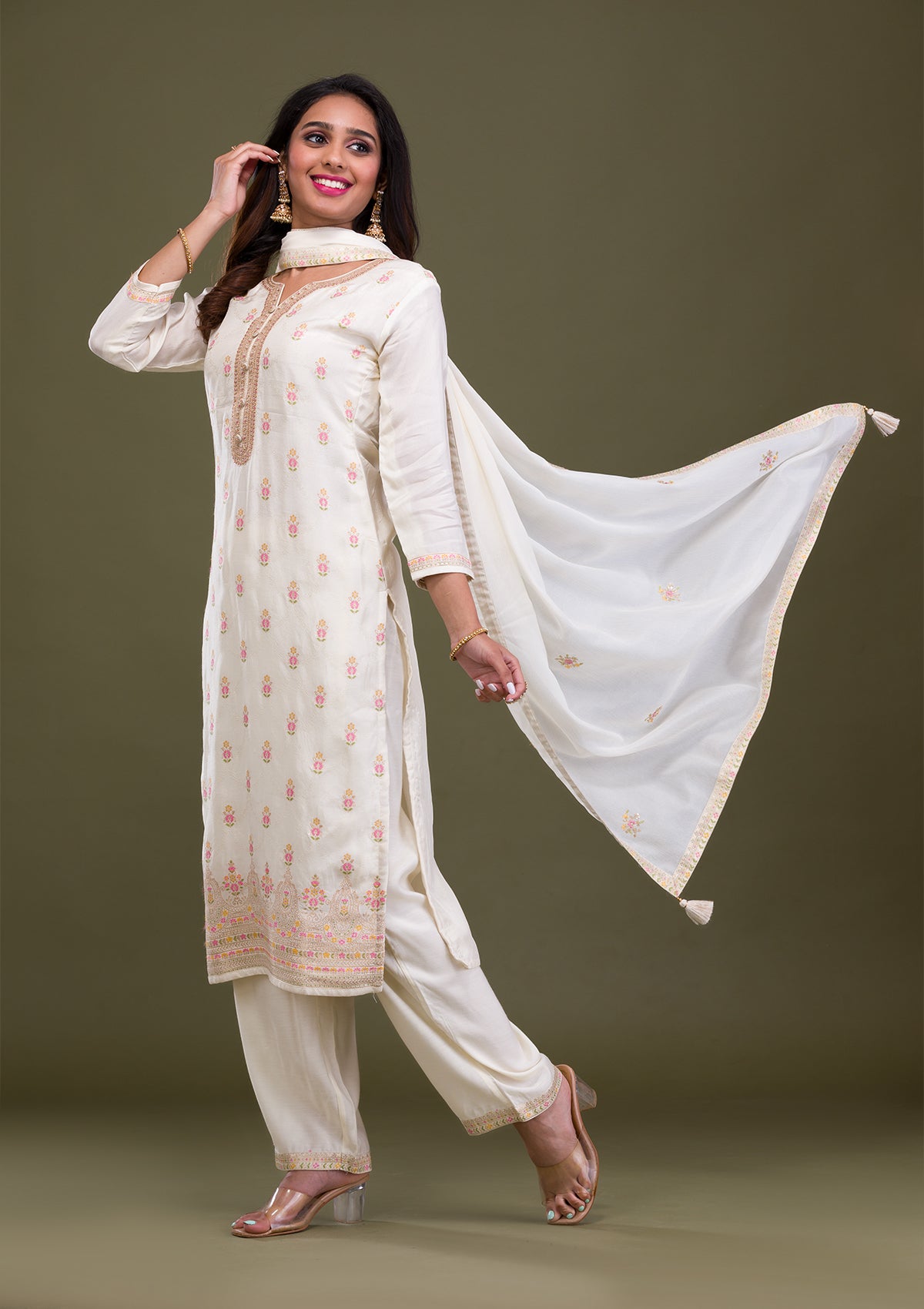 Cream Zariwork Art Silk Readymade Salwar Suit