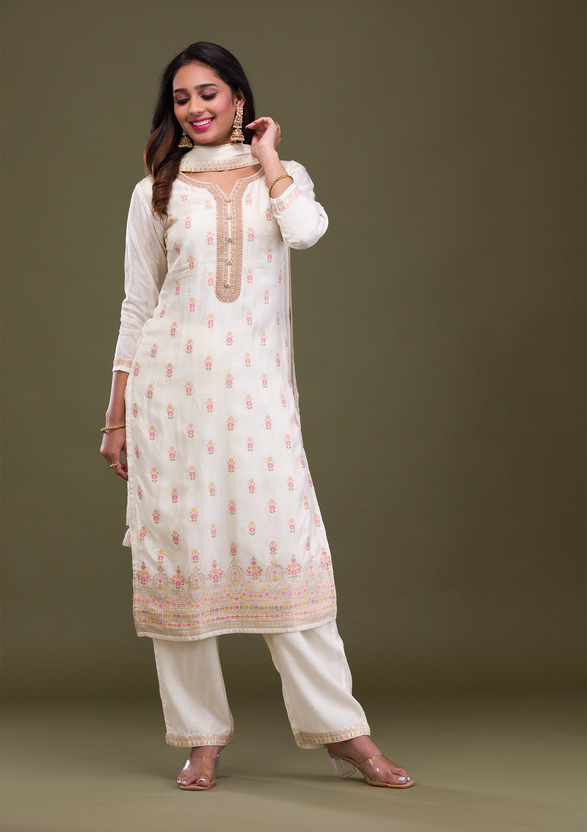 Cream Zariwork Art Silk Readymade Salwar Suit