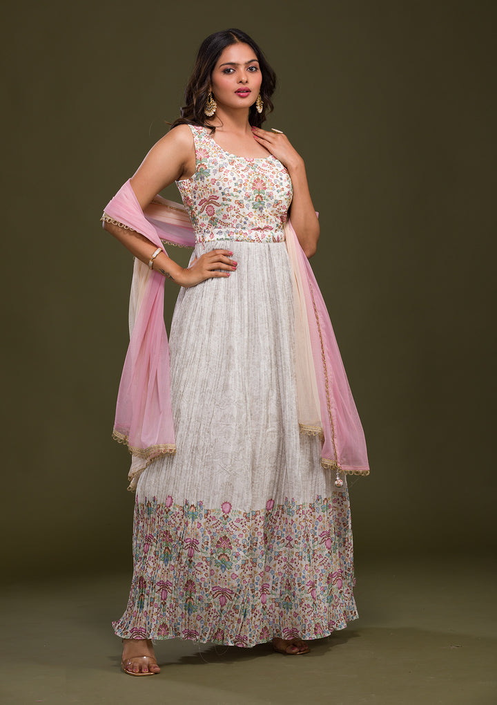 Cream Zariwork Art Silk Readymade Salwar Suit-Koskii