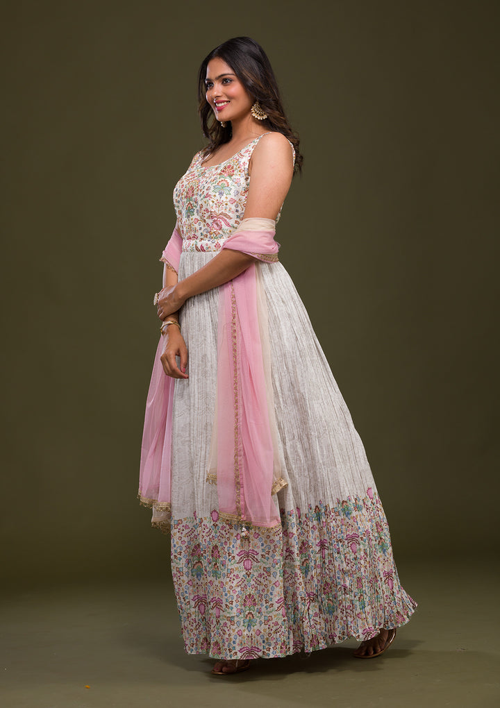 Cream Zariwork Art Silk Readymade Salwar Suit-Koskii