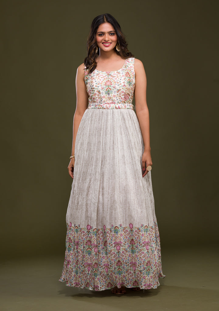 Cream Zariwork Art Silk Readymade Salwar Suit-Koskii