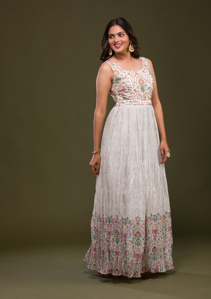 Cream Zariwork Art Silk Readymade Salwar Suit-Koskii