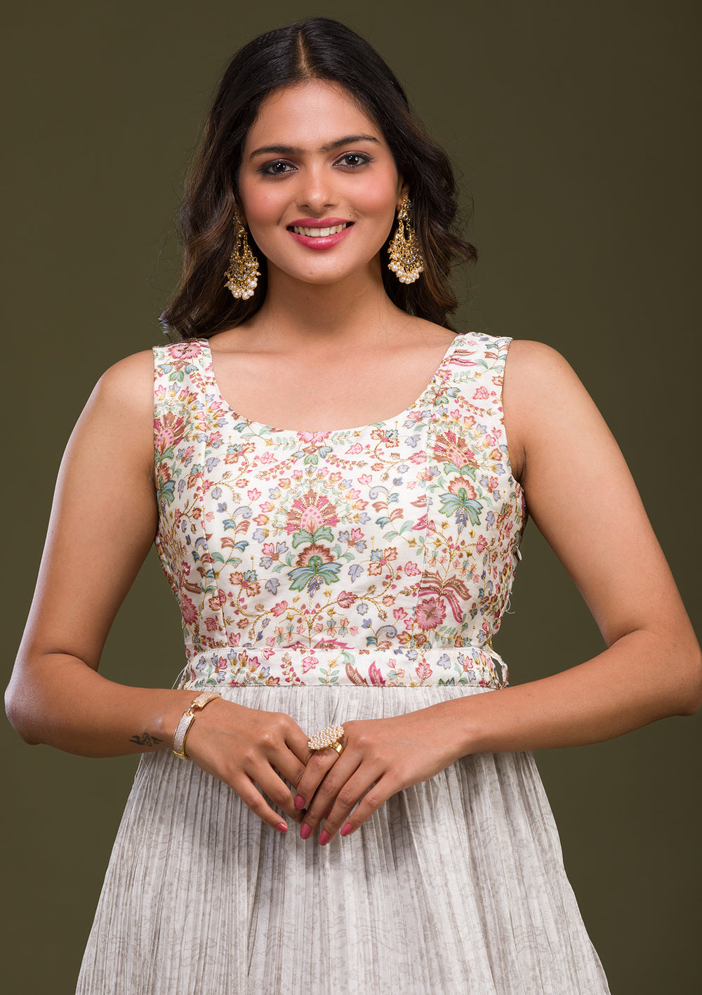 Cream Zariwork Art Silk Readymade Salwar Suit-Koskii