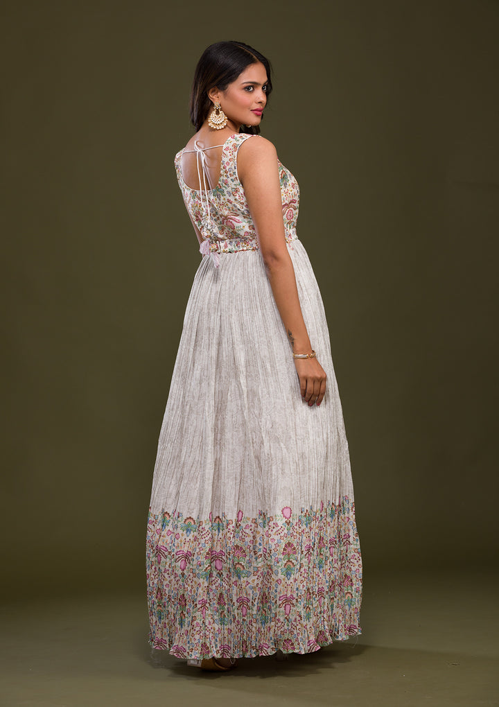 Cream Zariwork Art Silk Readymade Salwar Suit-Koskii