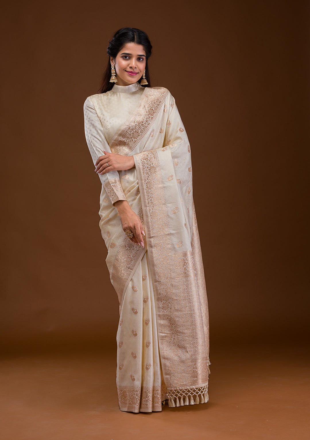 Cream Zariwork Art Silk Saree