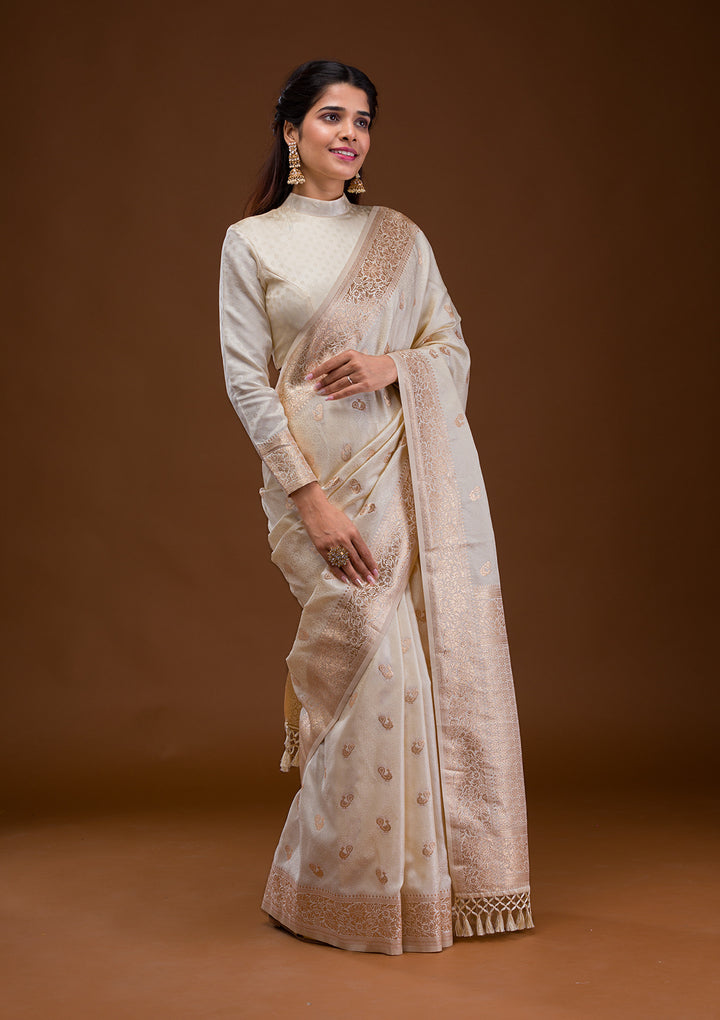 Cream Zariwork Art Silk Saree