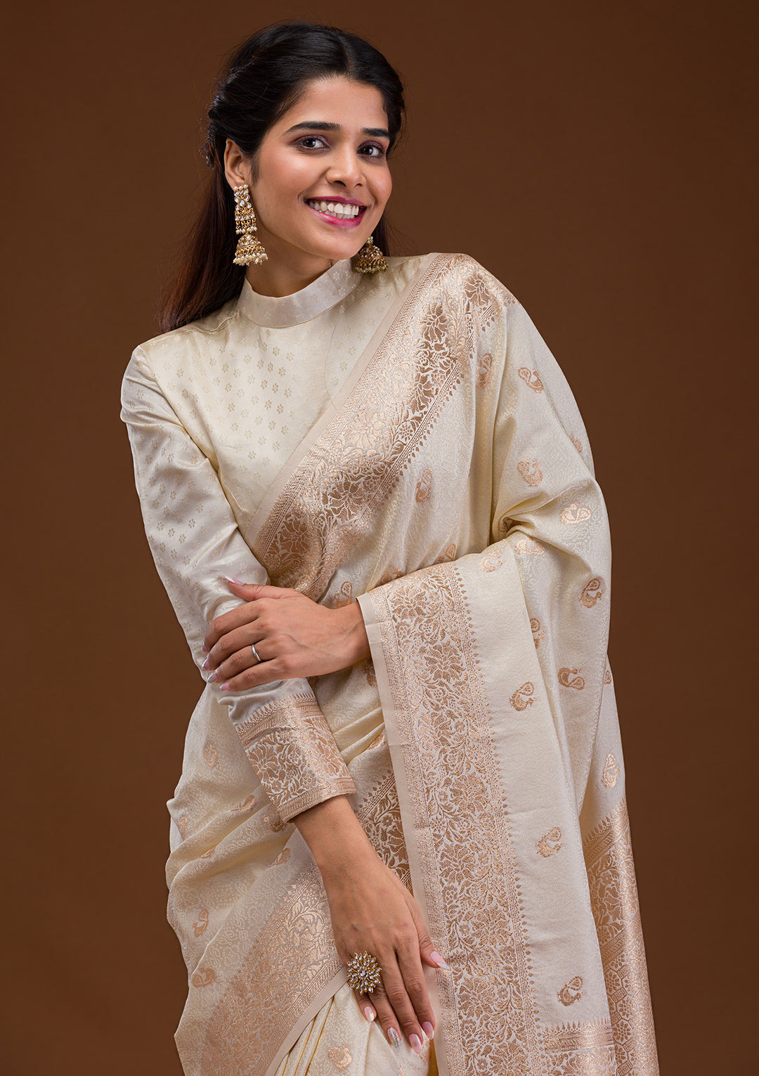 Cream Zariwork Art Silk Saree