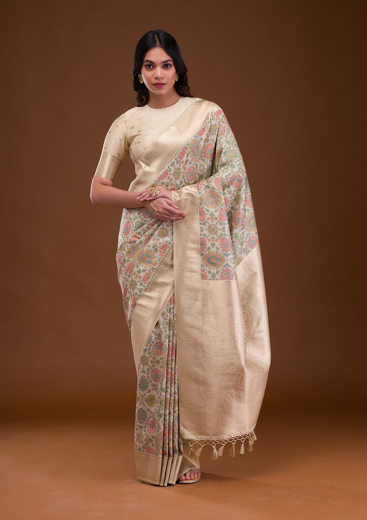 Cream Zariwork Banarasi Silk Saree