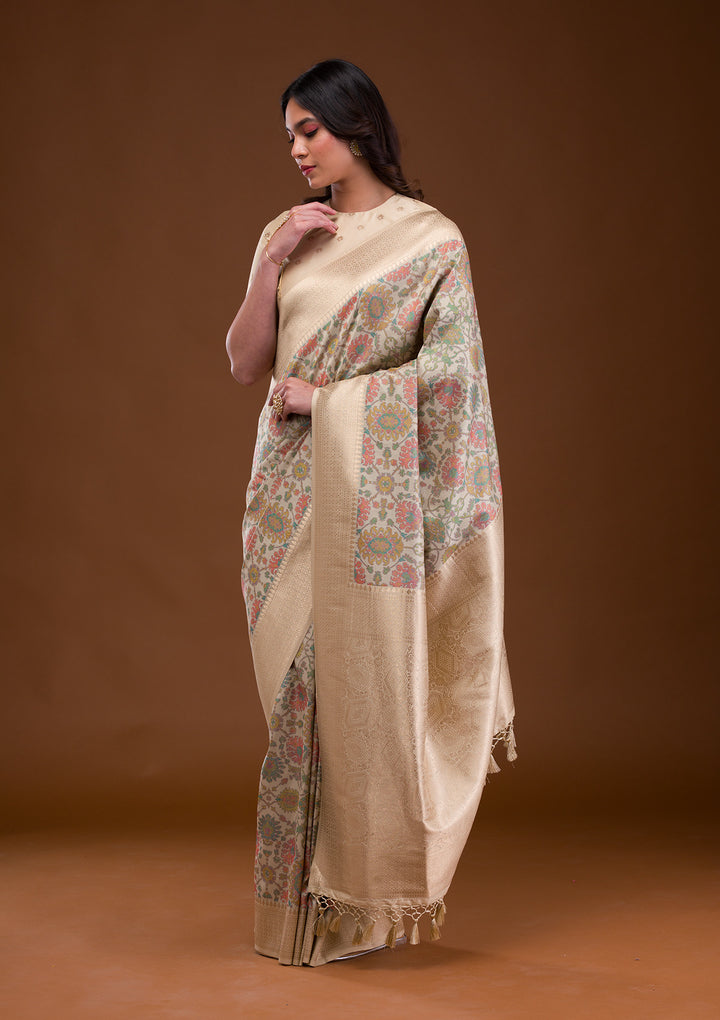 Cream Zariwork Banarasi Silk Saree