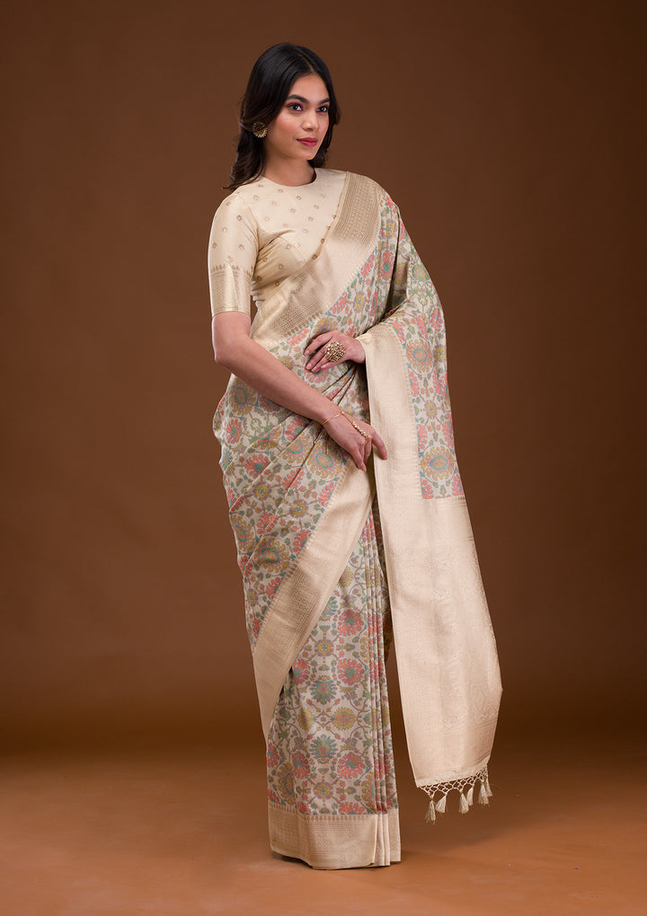 Cream Zariwork Banarasi Silk Saree