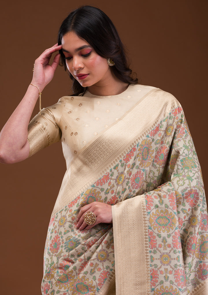 Cream Zariwork Banarasi Silk Saree